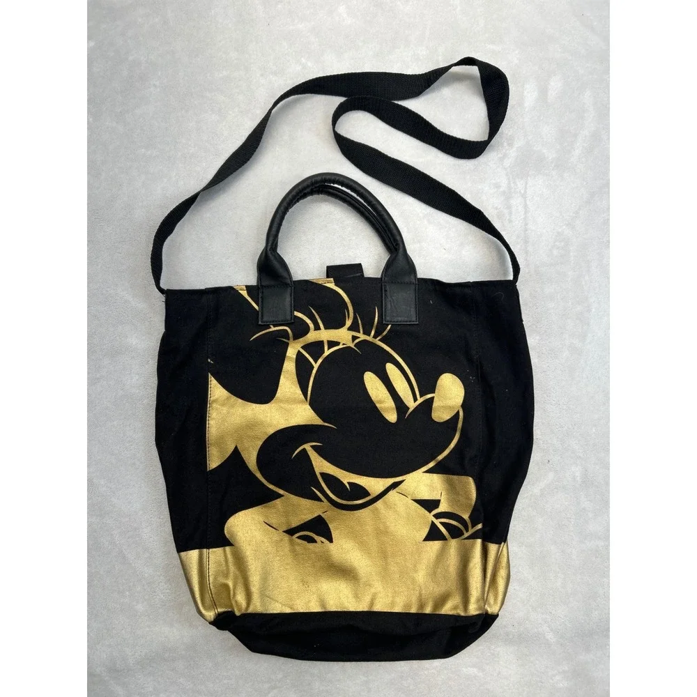 Disney Minnie Mouse Canvas Tote Bag Black Gold Crossbody Graphic Shoulder Strap